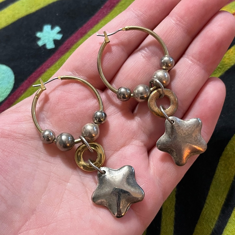 Vintage Whimsigoth Celestial Star Silver Gold Tone Metal Pierced Earrings